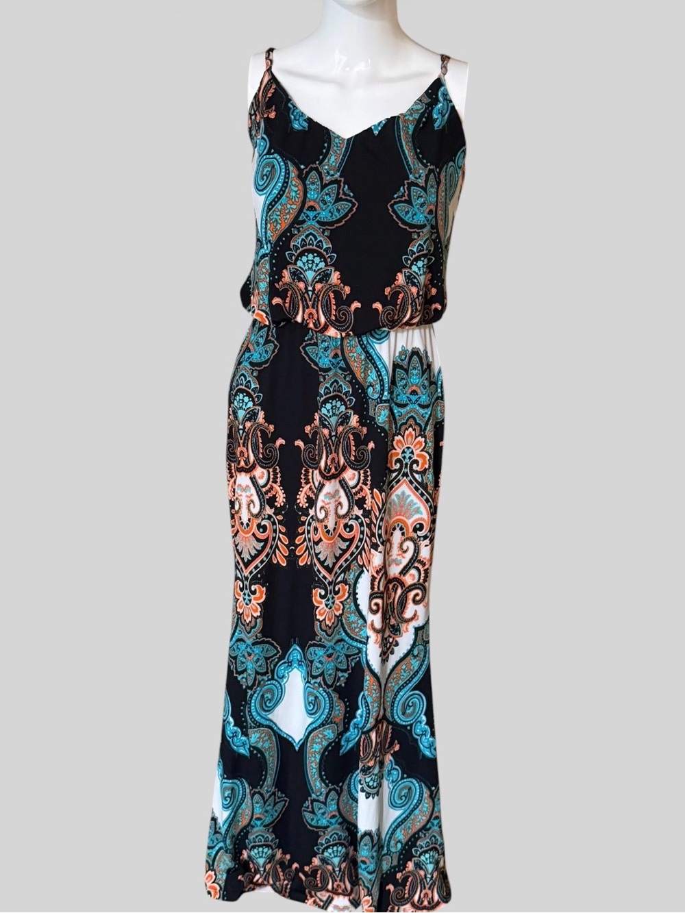 S-Twelve Black Maxi Dress with Teal & Coral Paisley